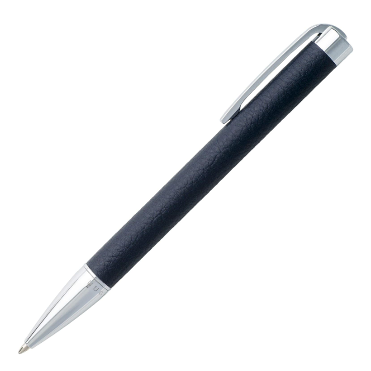 HUGO BOSS Storyline ballpoint pen in dark blue with sleek design and silver accents, ideal for professional writing.