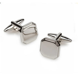 Plain metal engraved square cufflinks for men by TMJ with polished silver finish and decorative border
