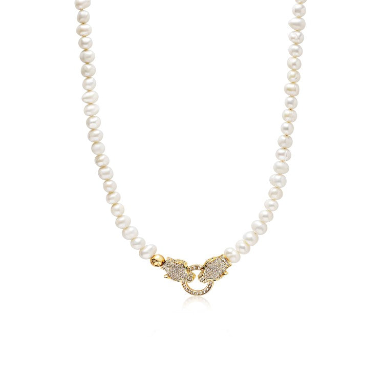 Cultured Freshwater Pearls Necklace with Double Panther Head