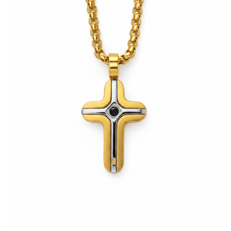 Gold and Stainless Steel Small Cross Pendant with black stone Inlay