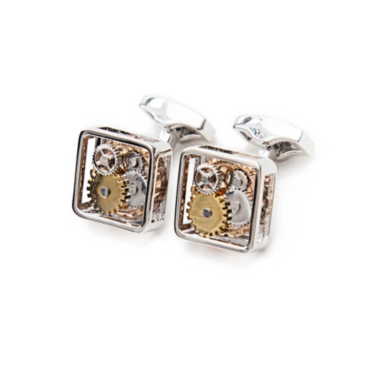 T.M.J mechanical cufflinks featuring intricate steampunk gear cufflinks design with silver and gold gears