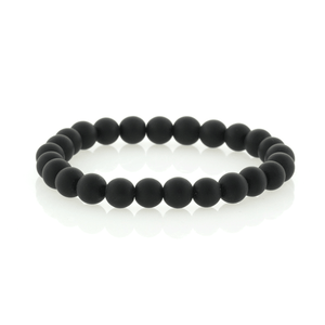 Black matte onyx and stainless steel bead bracelet with 4mm beads, stylish T.M.J bead bracelet on a white background.