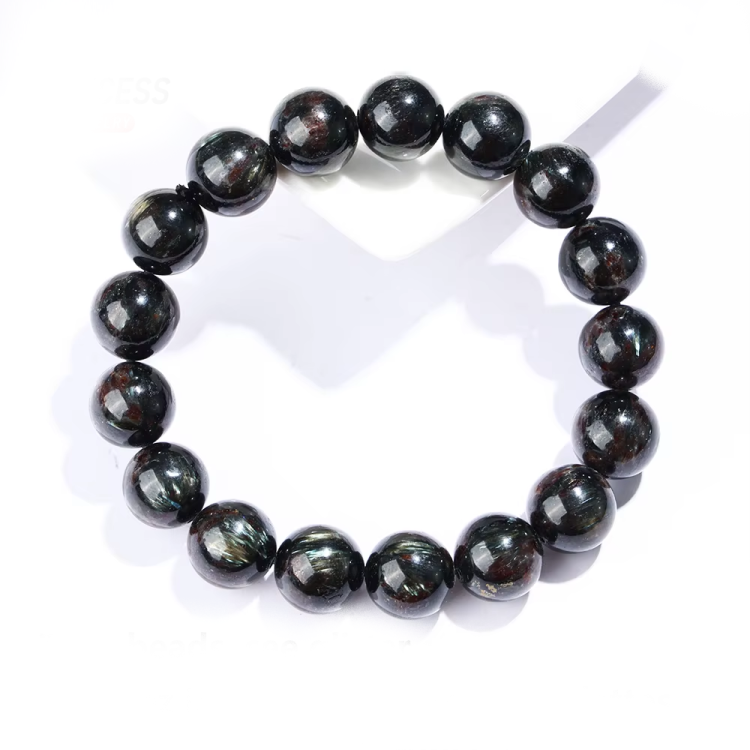 Astrophyllite and Hornblende beaded bracelet with silver logo bead, 17cm, 8mm beads, by T.M.J.