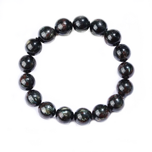 Astrophyllite and hornblende beaded bracelet with silver logo bead, 17cm, 8mm beads, by T.M.J.