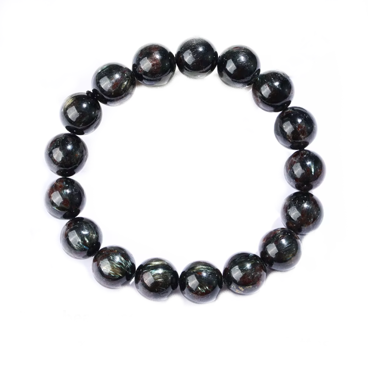 Astrophyllite and hornblende beaded bracelet with silver logo bead, 17cm, 8mm beads, by T.M.J.