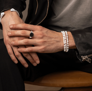 Men's silver wrap-around bead bracelet from T.M.J Melbourne Collection with 4mm beads and elegant pearls.