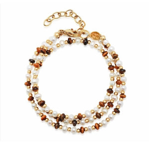 T.M.J Melbourne Collection men's wrap bracelet with white pearls, tiger eye, and gold beads, stylish beaded accessory.
