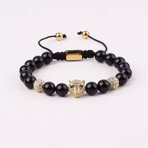 Natural stone CZ pave leopard macrame bracelet with black agate beads, featuring intricate beadwork and stylish design.