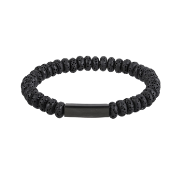 Black Eclipse Lava Bead Bracelet with stainless steel accent by T.M.J, featuring textured lava beads and sleek metal detailing.