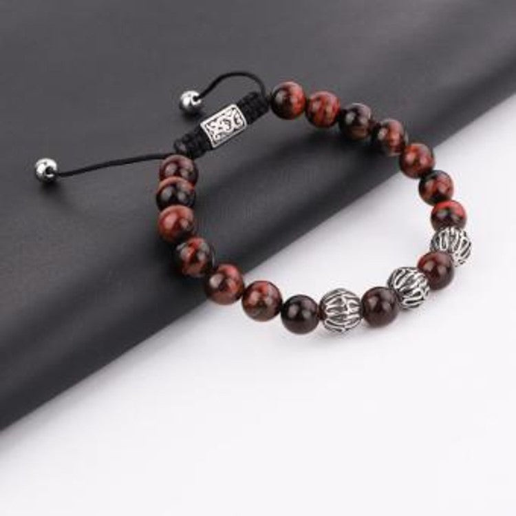 T.M.J bead bracelet with brown tiger eye stones, macramé design, stainless steel spacer beads, stylish and handcrafted.