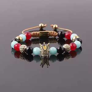 Natural stone and CZ bead macrame adjustable bracelet by T.M.J, featuring crystal ball accents and handcrafted design.