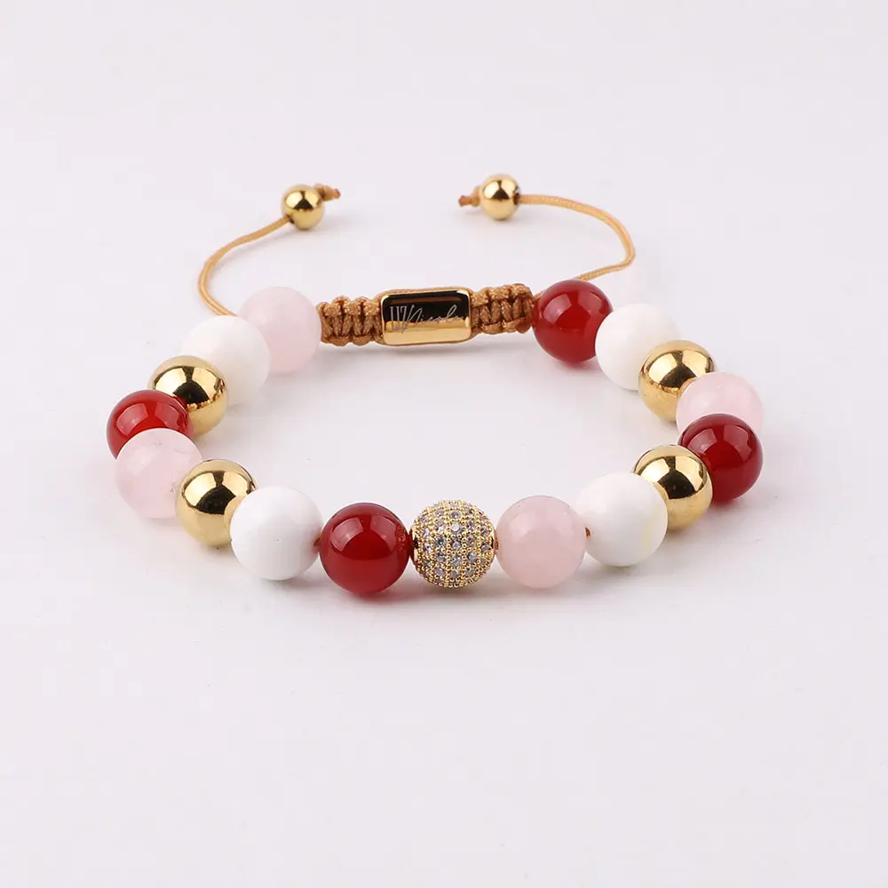 Natural stone and CZ bead macrame adjustable bracelet by T.M.J, featuring crystal balls and stylish bead accents.