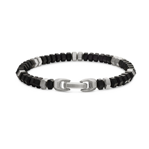 Black agate hexagonal bead bracelet with stainless steel accents, stylish T.M.J bead bracelet for a modern accessory look.
