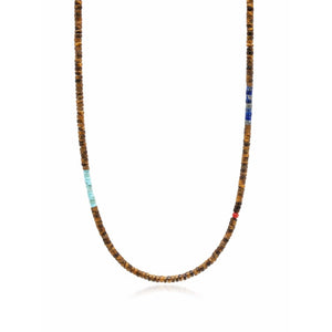 Bead bracelet featuring brown tiger eye heishi, blue lapis, and turquoise beads from T.M.J Caribbean Collection.