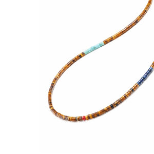 Caribbean Collection brown tiger eye heishi necklace with blue lapis and turquoise beads, handmade by T.M.J.