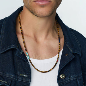 Caribbean Collection brown tiger eye heishi necklace with blue lapis and turquoise beads, handcrafted by T.M.J.