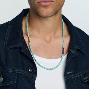 Caribbean Collection turquoise heishi necklace with tiger eye and blue lapis beads, showcasing vibrant natural stone jewelry.