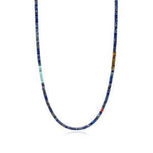 Turquoise Heishi necklace from T.M.J Caribbean Collection with tiger eye and blue lapis beads, displayed on a neutral background.