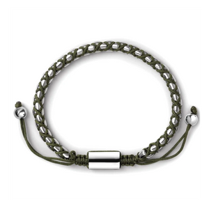 Crimson Weave SteelLink bracelet with braided olive green cord, T.M.J bead bracelet featuring stylish metal links and woven cord.