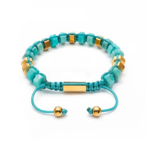 HexaLuxe men's bead bracelet with aquamarine and gold-tone hexagon beads, stylish T.M.J jewelry for men.