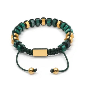 HexaLuxe men's bead bracelet featuring green malachite and gold-tone hexagon beads, stylish and modern jewelry accessory.
