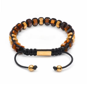 HexaLuxe men's beaded bracelet featuring tiger eye and gold-tone hexagon beads, stylish accessory by T.M.J.