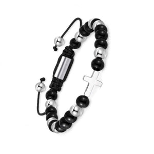 Sentinel Onyx beaded cross bracelet by T.M.J featuring stainless steel beads and a cross pendant on a beaded bracelet.
