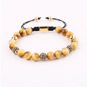 Natural gold tiger eye and CZ pave ball beads macrame bracelet with adjustable cord, featuring T.M.J bead bracelet design.