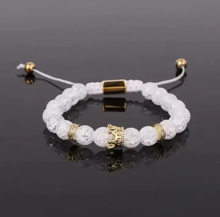 His and hers CZ micro pave crown charm beaded bracelets with crystal stones, featuring crackle effect, by T.M.J.