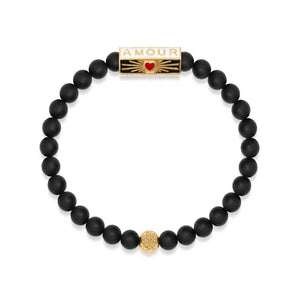 T.M.J black onyx bead bracelet with evil eye charm, 17cm, 6mm beads, featuring a love-themed design.
