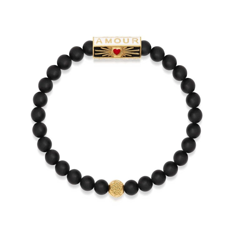T.M.J black onyx bead bracelet with evil eye charm, 17cm, 6mm beads, featuring a love-themed design.