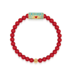 Red Chalcedony Jasper bead bracelet by T.M.J, featuring 6mm beads on a 17cm stretch bracelet with "Love" theme.