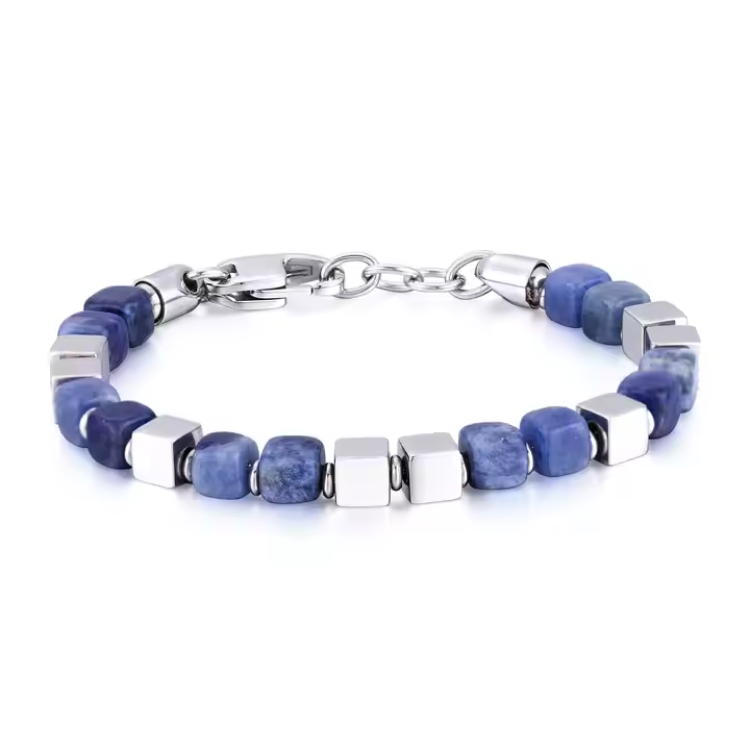 T.M.J bead bracelet with Tiger Eye, matte Onyx, Sodalite, and stainless steel beads, showcasing a stylish, layered design.