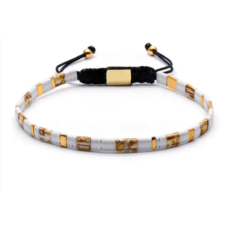 T.M.J Tila Link Macrame Beaded Bracelet with white gold Miyuki Tila beads, featuring intricate knot and bead details
