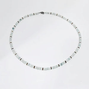 Mini beaded necklace by T.M.J with pearls and aquamarine jasper beads, measuring 45cm, showcasing a delicate, elegant design.