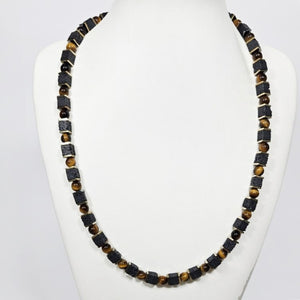 T.M.J beaded necklace featuring black lava and tiger eye stones, 50cm length with natural stone beads.