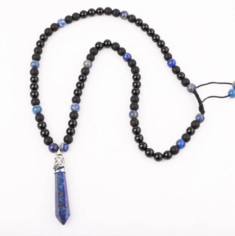 Blue lapis and black onyx beaded men's necklace with healing point pendant, crafted by T.M.J.