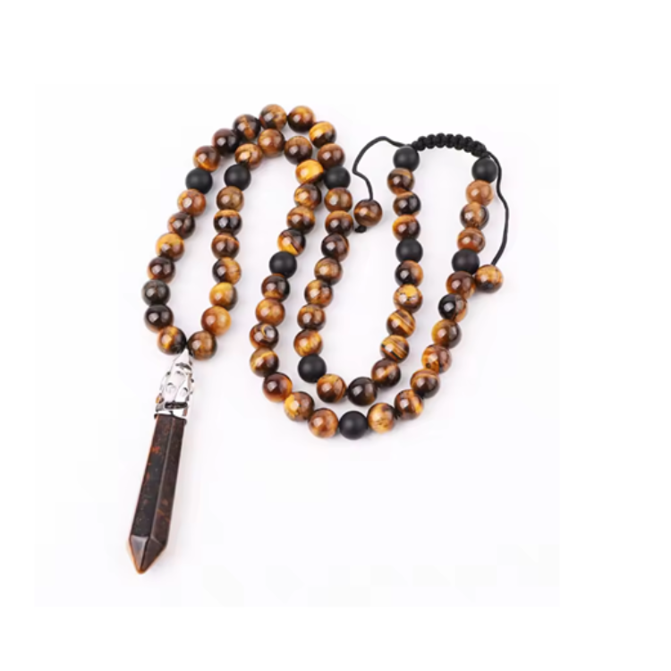 T.M.J beaded necklace featuring Tigers Eye and Black Onyx stones with a healing point pendant for men.