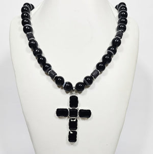 Large silver cross pendant with Austrian crystals on a Botswana Agate beaded necklace by T.M.J.