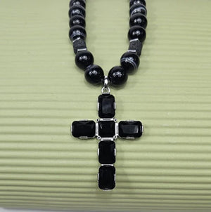 Large silver cross beaded necklace with Austrian crystals on Botswana agate, by T.M.J.