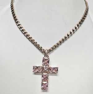 Serah silver and rose gold-plated beaded cross necklace from T.M.J with pink Austrian crystals and delicate design.