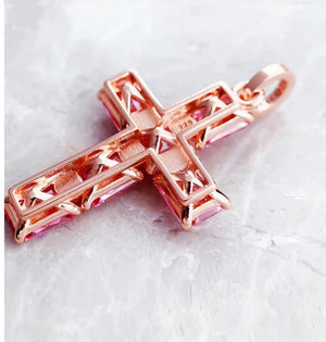 Serah beaded cross necklace by T.M.J featuring silver and rose gold plating with pink Austrian crystals.