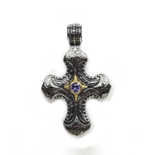 Stainless steel cross pendant with amethyst crystal strand on a beaded necklace, featuring purple amethyst beads and T.M.J branding.