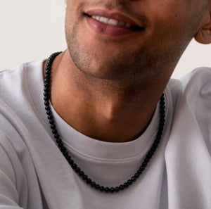 Men's medium black freshwater pearl beaded necklace by T.M.J, featuring silver accents and a 45cm length.