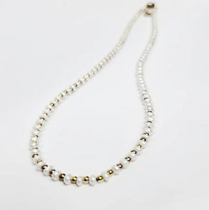 Mini beaded necklace by T.M.J featuring pearls and stainless steel spacer beads in a 45cm length, silver-toned jewelry accessory.