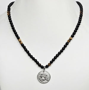 Stainless steel beaded necklace with pendant featuring the Nemean Lion from Greek mythology, by T.M.J.