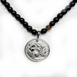 Beaded stainless steel necklace with Nemean Lion pendant inspired by Greek mythology, featuring detailed lion design and beaded chain.
