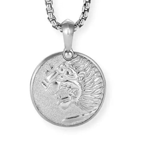 Stainless steel pendant featuring the Nemean Lion from Greek mythology, part of a beaded necklace by T.M.J.