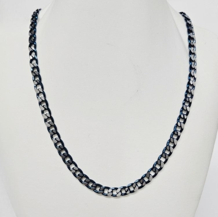 Men’s 7mm blue stainless steel Cuban curb chain necklace by T.M.J, showcasing a bold, stylish chain with a polished finish.