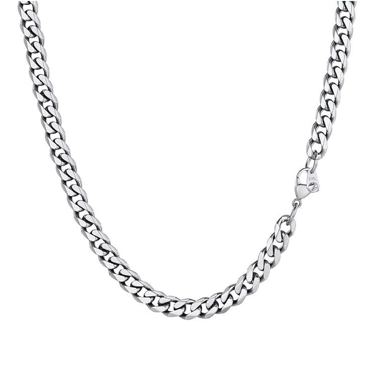 Men’s 7mm stainless steel Cuban curb chain necklace from T.M.J, featuring a durable, stylish chain with a bold curb link design.